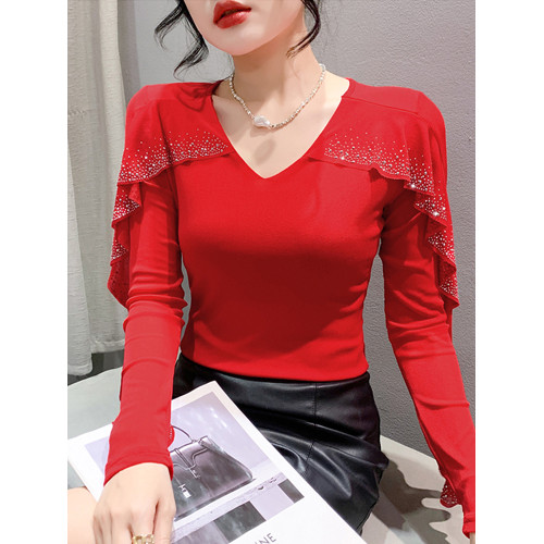 性感V領網紗T恤女長袖春裝新款氣質閃鑽荷葉邊上衣修身顯瘦打底衫