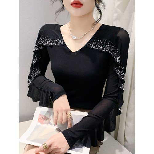 性感V領網紗T恤女長袖春裝新款氣質閃鑽荷葉邊上衣修身顯瘦打底衫