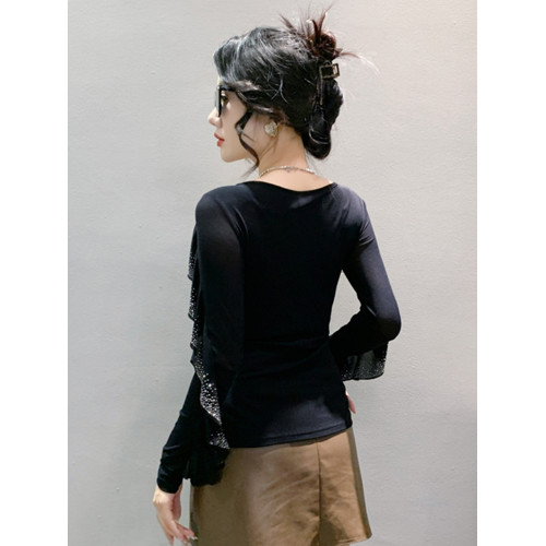 性感V領網紗T恤女長袖春裝新款氣質閃鑽荷葉邊上衣修身顯瘦打底衫