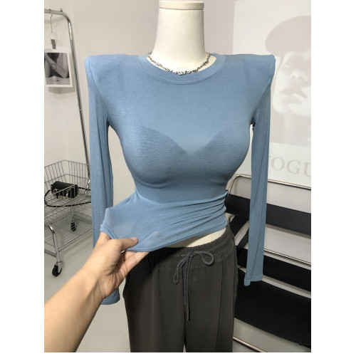 滿滿的氛圍感～ 墊肩輕薄微透長袖內搭T恤修身打底衫上衣春夏新