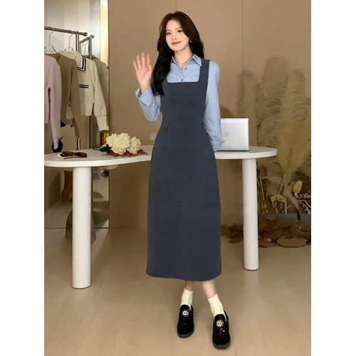 早春連衣裙子女2025新款秋冬高級感小個子氣質襯衫背帶裙兩件套裝