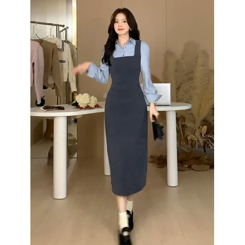 早春連衣裙子女2025新款秋冬高級感小個子氣質襯衫背帶裙兩件套裝