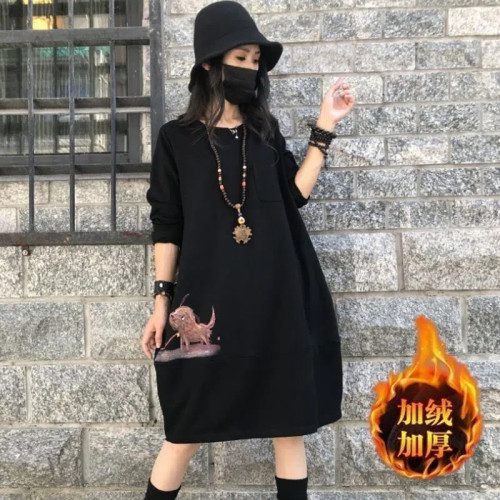 加絨加厚200斤秋冬大碼女裝寬松衛衣休閒顯瘦中長款長袖連衣裙子 加絨加厚200斤秋冬大碼女裝寬松衛衣休閒顯瘦中長款長袖連衣裙子