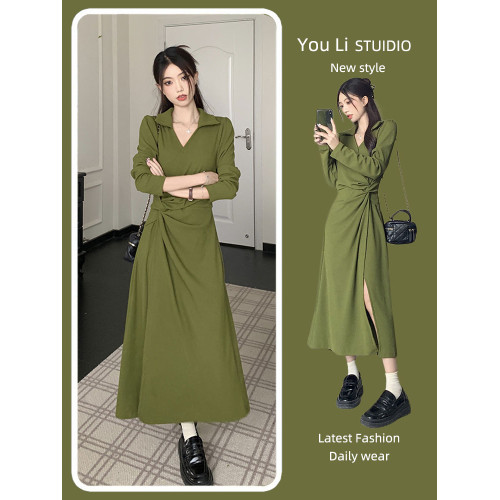 大碼女裝胖mm赫本風法式V領長袖性感開叉連衣裙早秋收腰顯瘦長裙 大碼女裝胖mm赫本風法式V領長袖性感開叉連衣裙早秋收腰顯瘦長裙