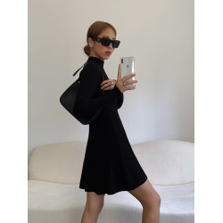 NEVA HU黑色中高領修身針織連衣裙女修身顯瘦內搭長袖包臀短裙