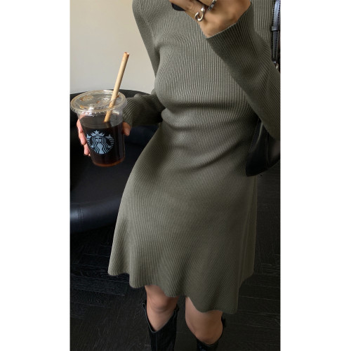 NEVA HU黑色中高領修身針織連衣裙女修身顯瘦內搭長袖包臀短裙