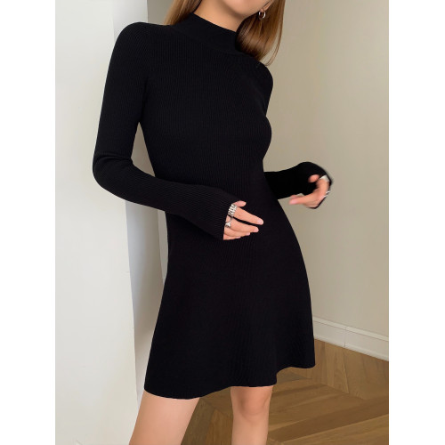 NEVA HU黑色中高領修身針織連衣裙女修身顯瘦內搭長袖包臀短裙