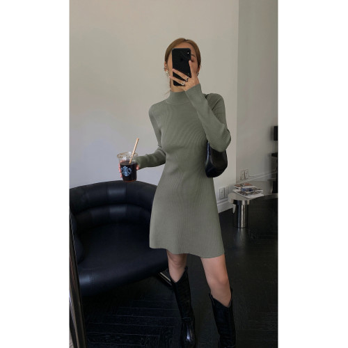 NEVA HU黑色中高領修身針織連衣裙女修身顯瘦內搭長袖包臀短裙