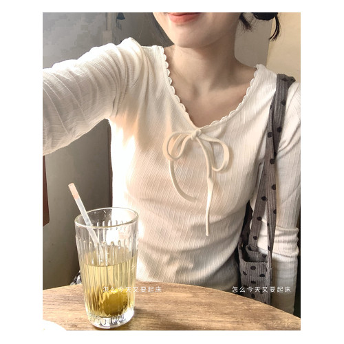 ringring奶油芙白 蝴蝶結修身打底軟糯內搭貝殼邊長袖T恤百搭上衣 ringring奶油芙白 蝴蝶結修身打底軟糯內搭貝殼邊長袖T恤百搭上衣