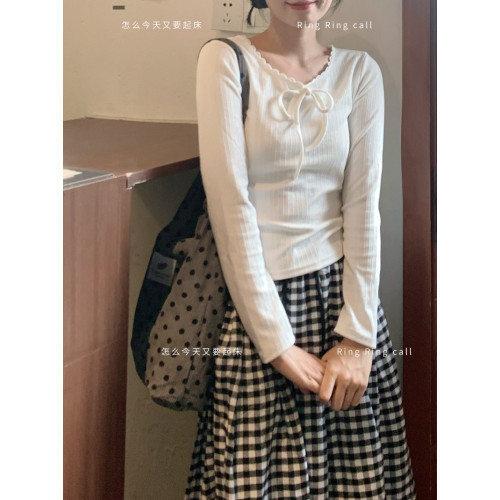 ringring奶油芙白 蝴蝶結修身打底軟糯內搭貝殼邊長袖T恤百搭上衣 ringring奶油芙白 蝴蝶結修身打底軟糯內搭貝殼邊長袖T恤百搭上衣