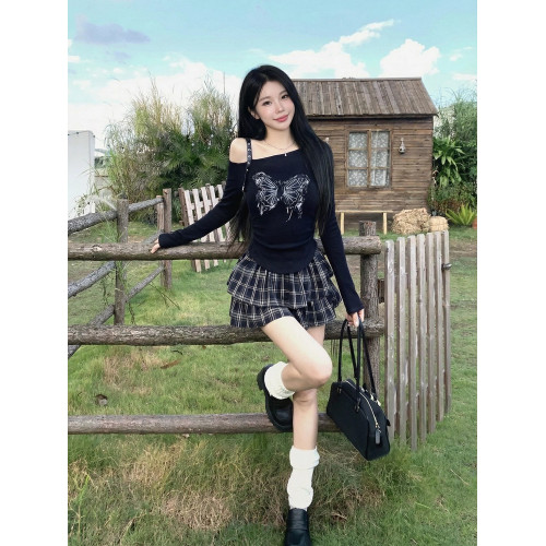 純欲辣妹露肩上衣半身裙套裝女設計感小衆修身長袖格子短裙子春季 純欲辣妹露肩上衣半身裙套裝女設計感小衆修身長袖格子短裙子春季