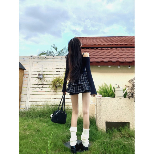 純欲辣妹露肩上衣半身裙套裝女設計感小衆修身長袖格子短裙子春季 純欲辣妹露肩上衣半身裙套裝女設計感小衆修身長袖格子短裙子春季