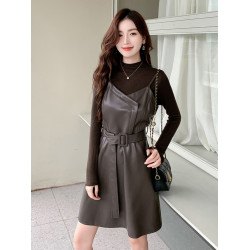 pu皮兩件套連衣裙子秋冬季新款2025女士長袖收腰顯瘦小個子時尚春