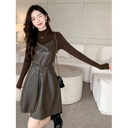 pu皮兩件套連衣裙子秋冬季新款2025女士長袖收腰顯瘦小個子時尚春 pu皮兩件套連衣裙子秋冬季新款2025女士長袖收腰顯瘦小個子時尚春