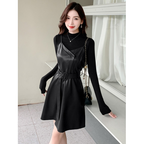 pu皮兩件套連衣裙子秋冬季新款2025女士長袖收腰顯瘦小個子時尚春 pu皮兩件套連衣裙子秋冬季新款2025女士長袖收腰顯瘦小個子時尚春