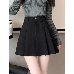 加厚咖色毛呢西裝半身裙女秋冬小個子防走光高腰顯瘦a字百褶短裙
