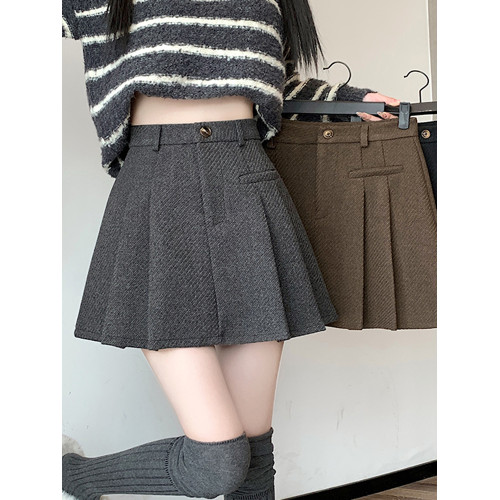 加厚咖色毛呢西裝半身裙女秋冬小個子防走光高腰顯瘦a字百褶短裙