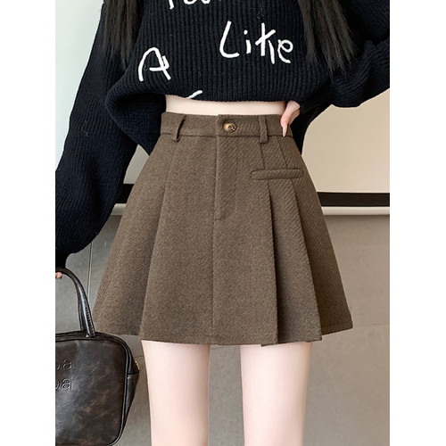 加厚咖色毛呢西裝半身裙女秋冬小個子防走光高腰顯瘦a字百褶短裙