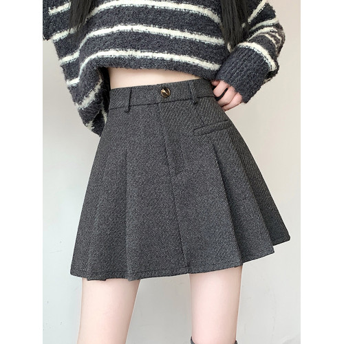 加厚咖色毛呢西裝半身裙女秋冬小個子防走光高腰顯瘦a字百褶短裙