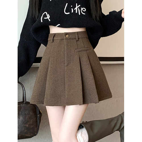 加厚咖色毛呢西裝半身裙女秋冬小個子防走光高腰顯瘦a字百褶短裙