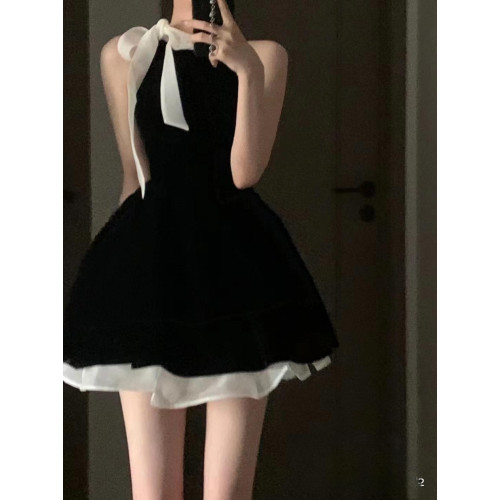 德魯納無袖掛脖連衣裙收腰公主蓬蓬短裙小個子氣質度假生日禮裙夏