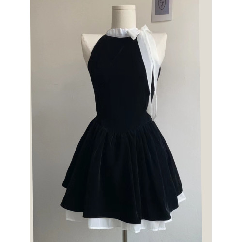 德魯納無袖掛脖連衣裙收腰公主蓬蓬短裙小個子氣質度假生日禮裙夏