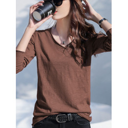 全棉長袖t恤女寬松秋裝2025新款竹節棉打底衫氣質v領女裝內搭上衣