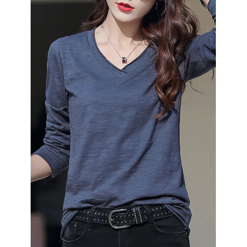 全棉長袖t恤女寬松秋裝2025新款竹節棉打底衫氣質v領女裝內搭上衣 全棉長袖t恤女寬松秋裝2025新款竹節棉打底衫氣質v領女裝內搭上衣