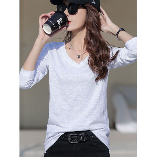 全棉長袖t恤女寬松秋裝2025新款竹節棉打底衫氣質v領女裝內搭上衣 全棉長袖t恤女寬松秋裝2025新款竹節棉打底衫氣質v領女裝內搭上衣