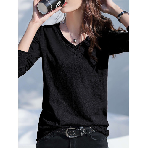 全棉長袖t恤女寬松秋裝2025新款竹節棉打底衫氣質v領女裝內搭上衣 全棉長袖t恤女寬松秋裝2025新款竹節棉打底衫氣質v領女裝內搭上衣