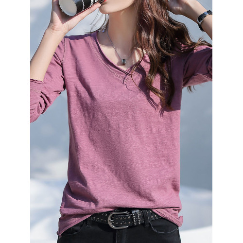 全棉長袖t恤女寬松秋裝2025新款竹節棉打底衫氣質v領女裝內搭上衣 全棉長袖t恤女寬松秋裝2025新款竹節棉打底衫氣質v領女裝內搭上衣