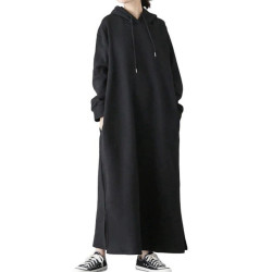 樂天日系簡約寬松大碼長袖連帽開叉加絨長款衛衣裙連衣裙女冬