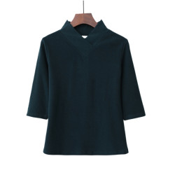 春裝新中式款半高交叉V漢服領棉中袖女士T恤打底衫修身上衣秋冬季