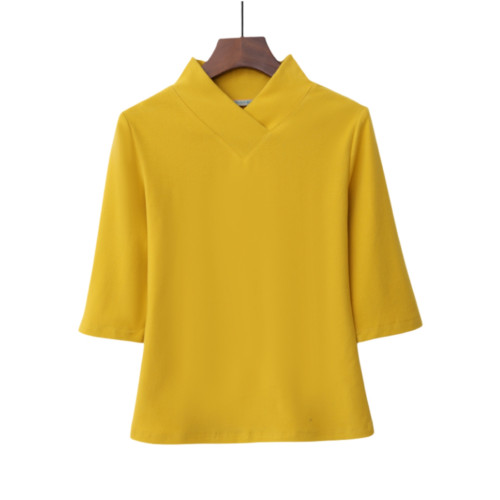 春裝新中式款半高交叉V漢服領棉中袖女士T恤打底衫修身上衣秋冬季 春裝新中式款半高交叉V漢服領棉中袖女士T恤打底衫修身上衣秋冬季