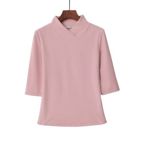 春裝新中式款半高交叉V漢服領棉中袖女士T恤打底衫修身上衣秋冬季 春裝新中式款半高交叉V漢服領棉中袖女士T恤打底衫修身上衣秋冬季