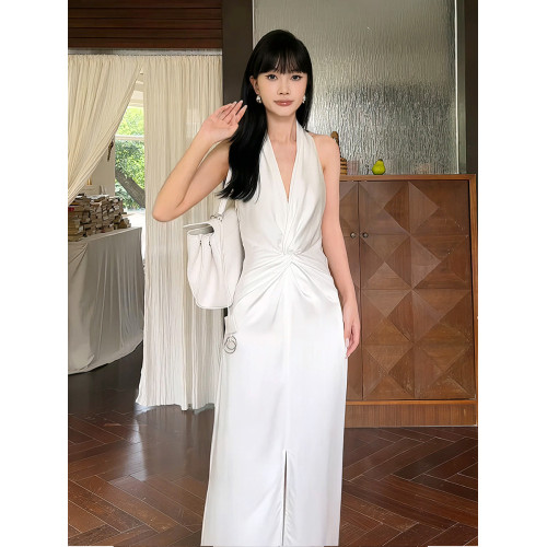 高級感白色緞面掛脖連衣裙女夏法式泰式名媛氣質小禮服生日裙長裙