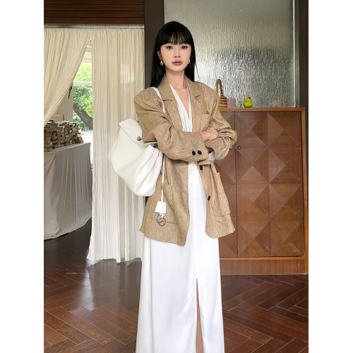 高級感白色緞面掛脖連衣裙女夏法式泰式名媛氣質小禮服生日裙長裙