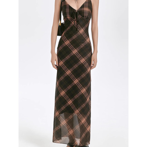 LINFANGING 美式復古辣妹吊帶連衣裙收腰格紋網紗包臀裙V領長裙