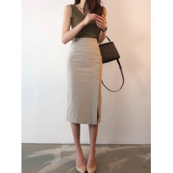 卡其色棉麻半身裙女夏季中長款側開叉包臀裙春秋顯瘦氣質一步裙子