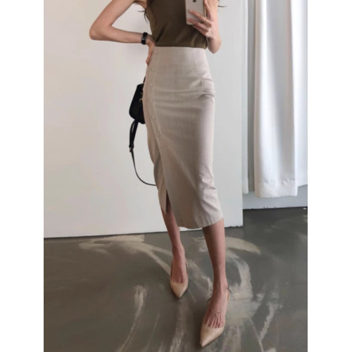 卡其色棉麻半身裙女夏季中長款側開叉包臀裙春秋顯瘦氣質一步裙子