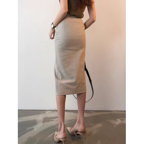 卡其色棉麻半身裙女夏季中長款側開叉包臀裙春秋顯瘦氣質一步裙子