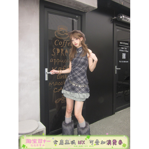 千禧風辣妹連衣裙音樂節穿搭格子網紗裙復古y2k亞比美式龐克裙子