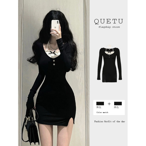 辣妹純欲風性感黑色掛脖長袖連衣裙女秋季緊身顯瘦約會包臀短裙子