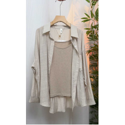 竹節麻襯衫女新款夏季薄款吊帶外搭開衫微透防曬襯衣背心兩件套裝