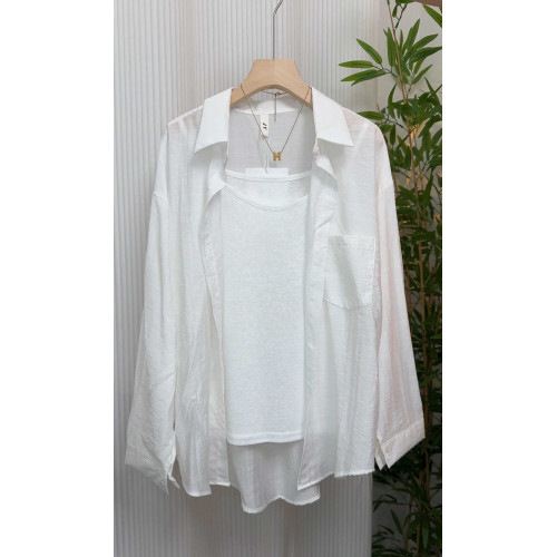 竹節麻襯衫女新款夏季薄款吊帶外搭開衫微透防曬襯衣背心兩件套裝