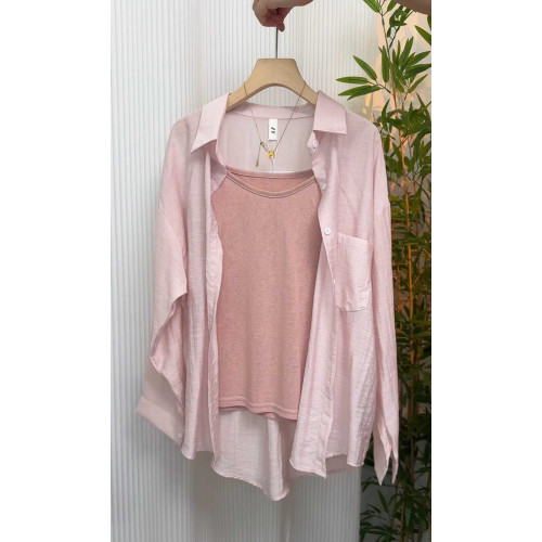 竹節麻襯衫女新款夏季薄款吊帶外搭開衫微透防曬襯衣背心兩件套裝