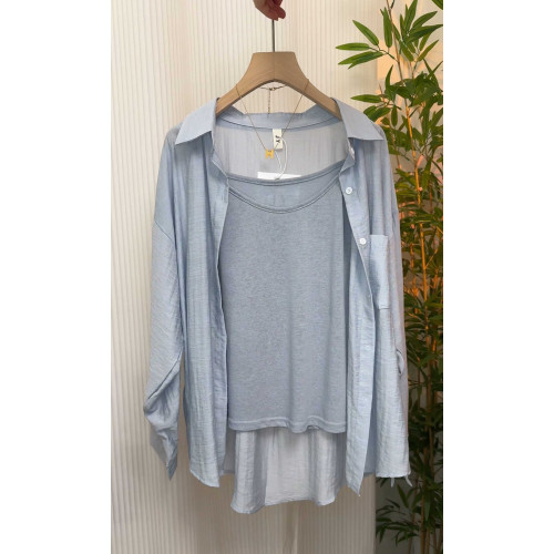 竹節麻襯衫女新款夏季薄款吊帶外搭開衫微透防曬襯衣背心兩件套裝