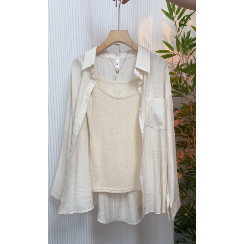 竹節麻襯衫女新款夏季薄款吊帶外搭開衫微透防曬襯衣背心兩件套裝