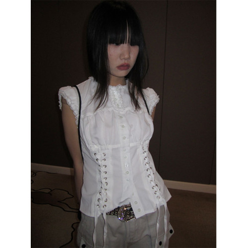 3months白色襯衫女設計感小衆2025新款春夏修身短款無袖襯衣上衣