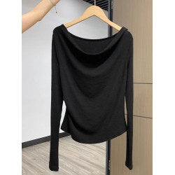 斜領露肩長袖t恤女初秋季絕美氣質打底衫顯瘦內搭甜辣一字肩上衣
